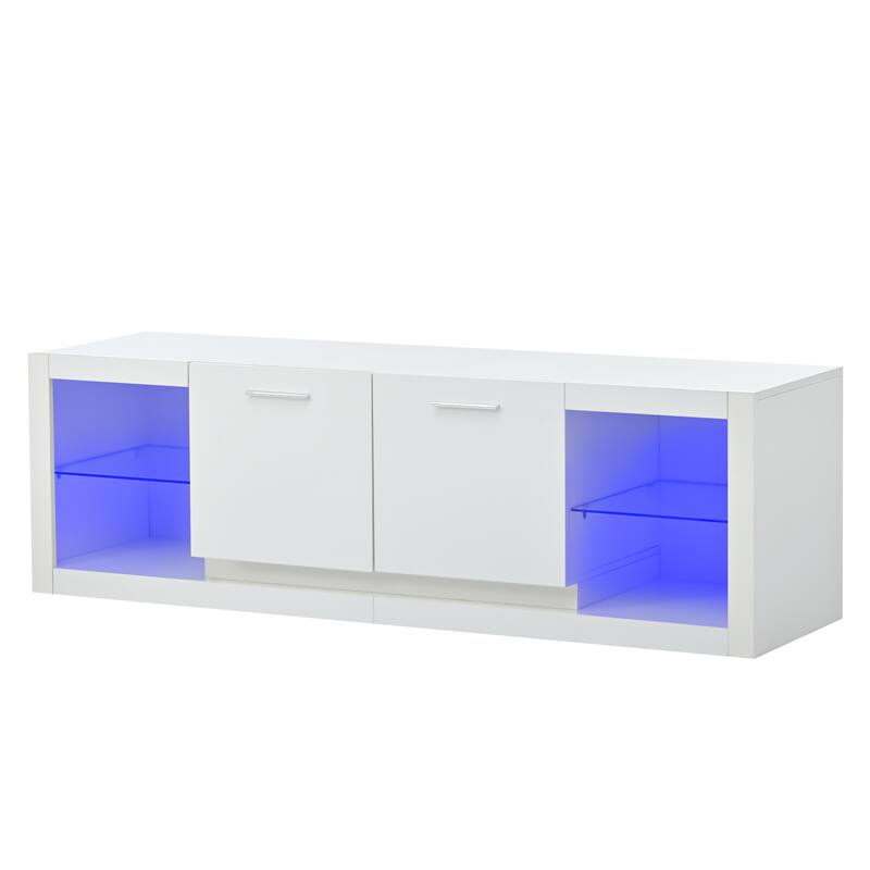 Contemporary White TV Stand with LED Lighting, Glass Shelves, and Large Storage Capacity, Fits TVs Up to 61.