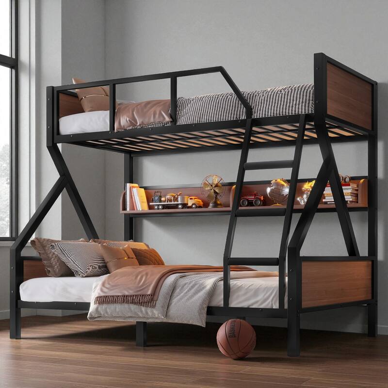 Twin over Full / Twin XL over Queen Metal Bunk Bed with Storage Shelves & LED Lights, Sturdy Noise-Free Space-Saving Design