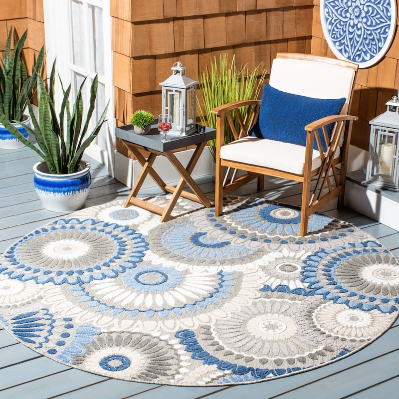 SAFAVIEH Cabana Mrinal Indoor/ Outdoor Waterproof Patio Floral Rug - 6'7" x 6'7" Round - Grey/Blue