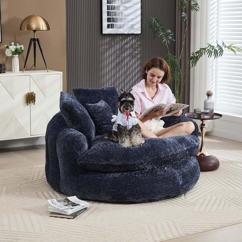55" Modern Long Polyester Foam Round Bean Bag Sofa Chair with Pillows - Blue