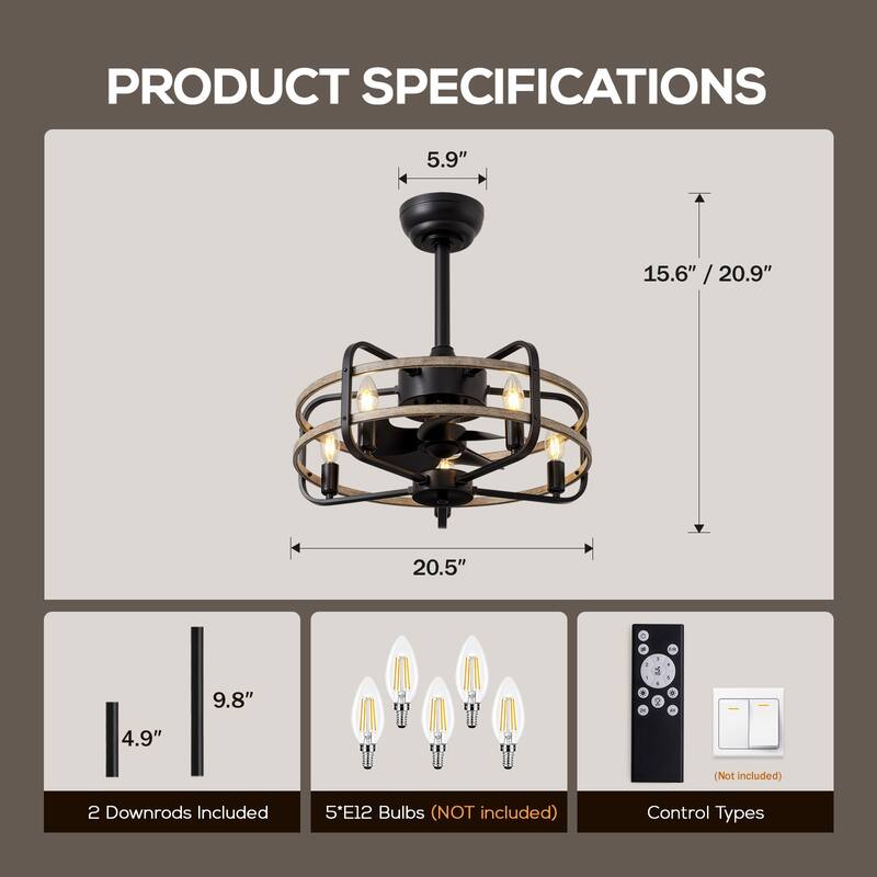 Industrial Black Caged Vintage Chandelier Ceiling Fan with Lights and Remote Control