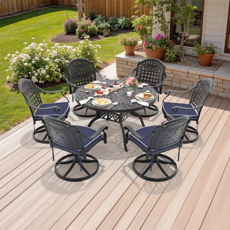 7-Piece Aluminum Round Outdoor Patio Dining Set, 6 Cushioned Swivel Chairs, Table, All-Weather Frames