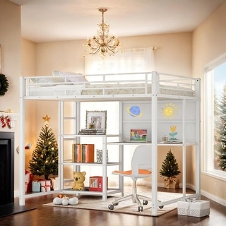 Full Size Loft Bed with Desk, Whiteboard, 3 Shelves and Ladder, White