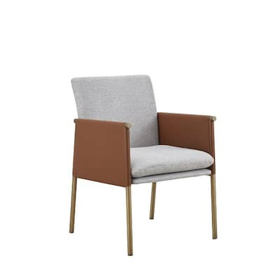Light Grey Fabric Armchair with Antiqued Brass Metal Legs and Solid Back - 23.5" x 22” x 32.5” (D x W x H)
