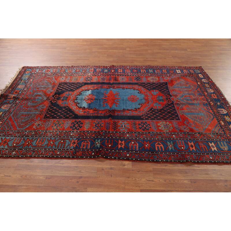 Orange & Blue Kazak Vegetable Dye Vintage Rug Hand-Knotted Wool Carpet - 5'4" x 8'1"