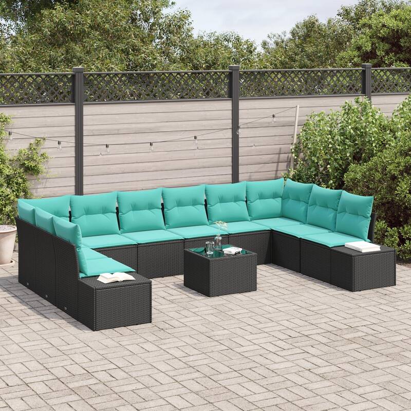 vidaXL 11 Garden Sofa Set with Cushions Black Poly Rattan - 135.4 x 24.4 x 27.2