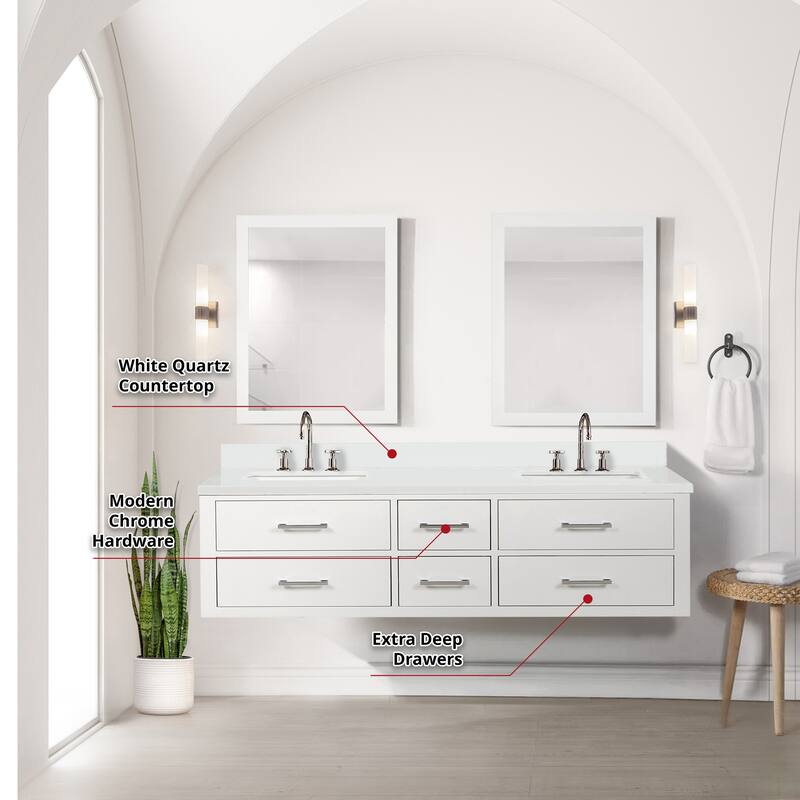 Castor 60 in W x 22 in D Black Double Bath Vanity, White Quartz Top, Faucet Set, and 28 in Mirrors