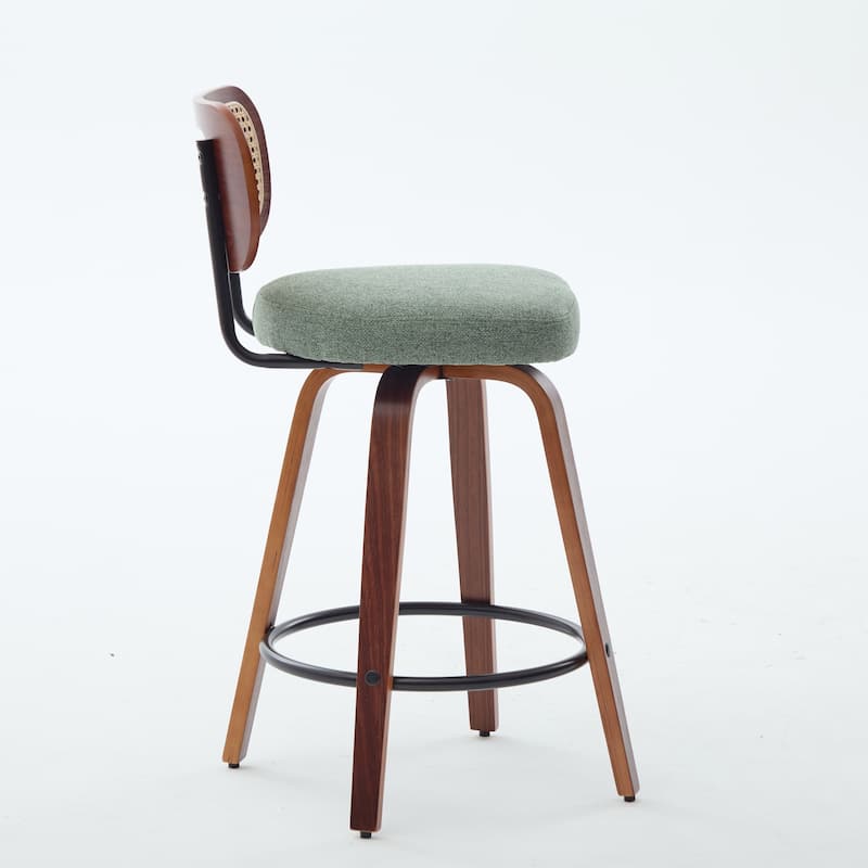 Linen Upholstered Swivel Bar Stools Set of 2, Counter Height Bar Stools with Rattan Back, Kitchen Island Chairs with Footrest