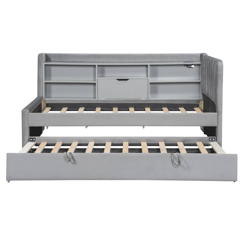 Twin Size Velvet Upholstered Daybed with Trundle, Storage Shelves, USB & Outlet