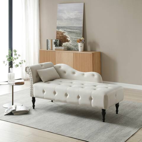 60.6" Velvet Chaise Lounge Buttons Tufted Nailhead Trimmed Solid Wood Legs with 1 Pillow,Beige