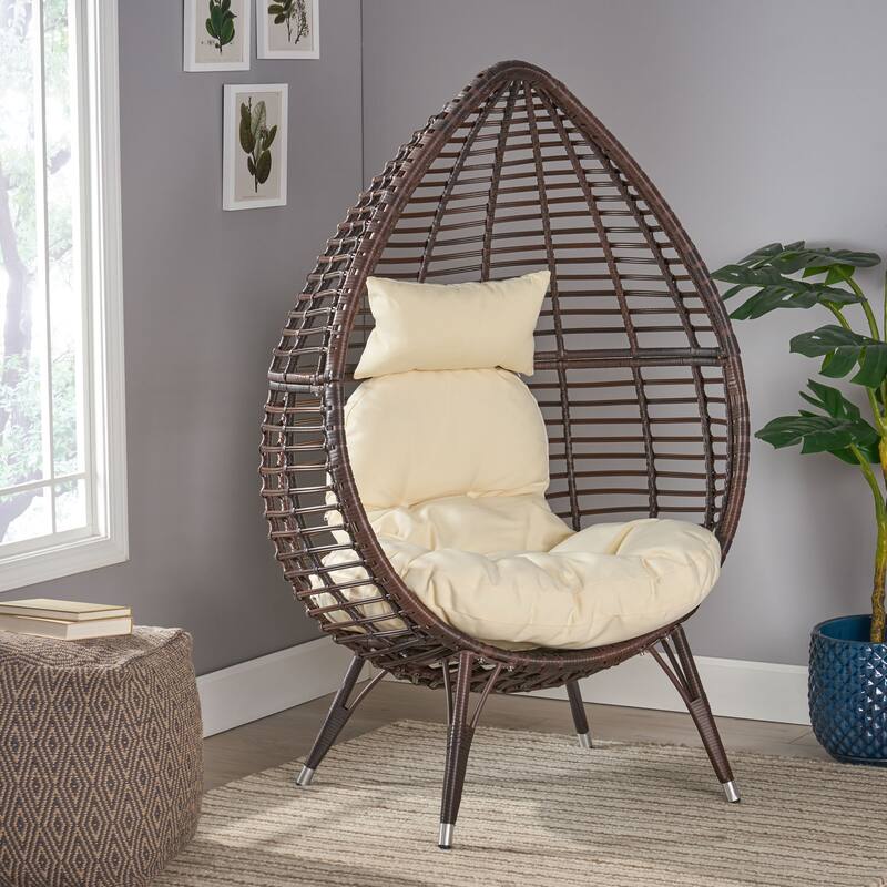Roomfitters Outdoor Indoor Wicker Egg Chair, Teardrop Lounge Chair with Soft Cushions and Metal Legs for Patio, Brown+Beige