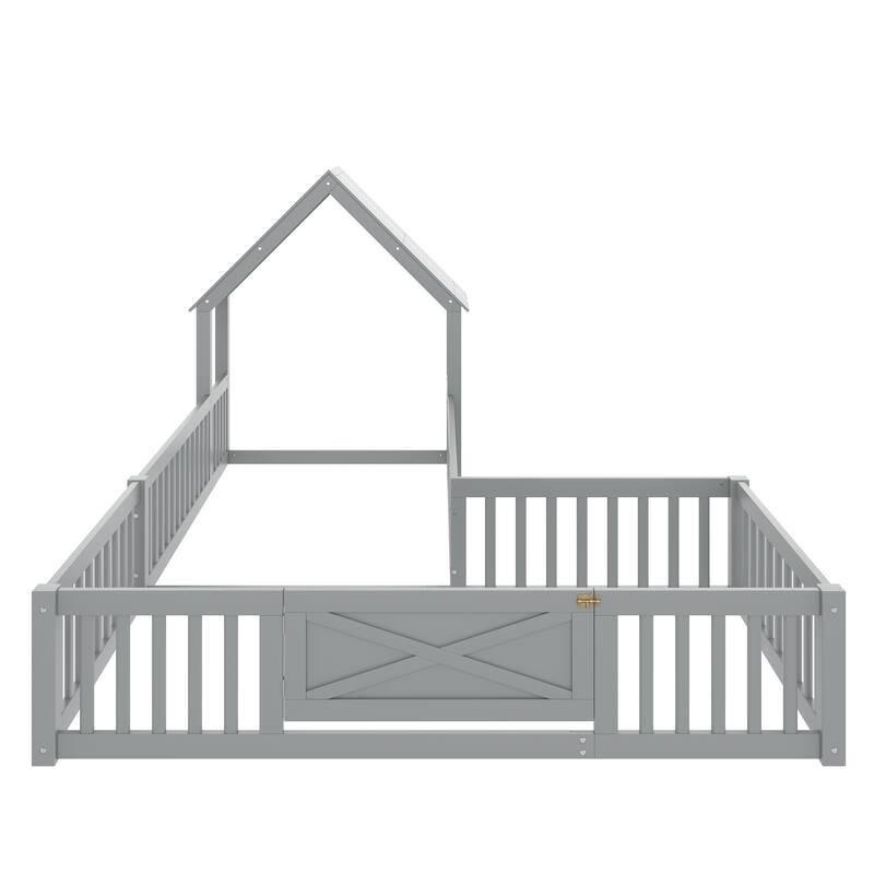 Modern House Floor Bed Frame, Double Floor Beds with Fence and Door
