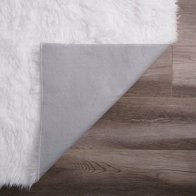 My Magic Carpet Washable Vegan White Plush Shag Area Rug