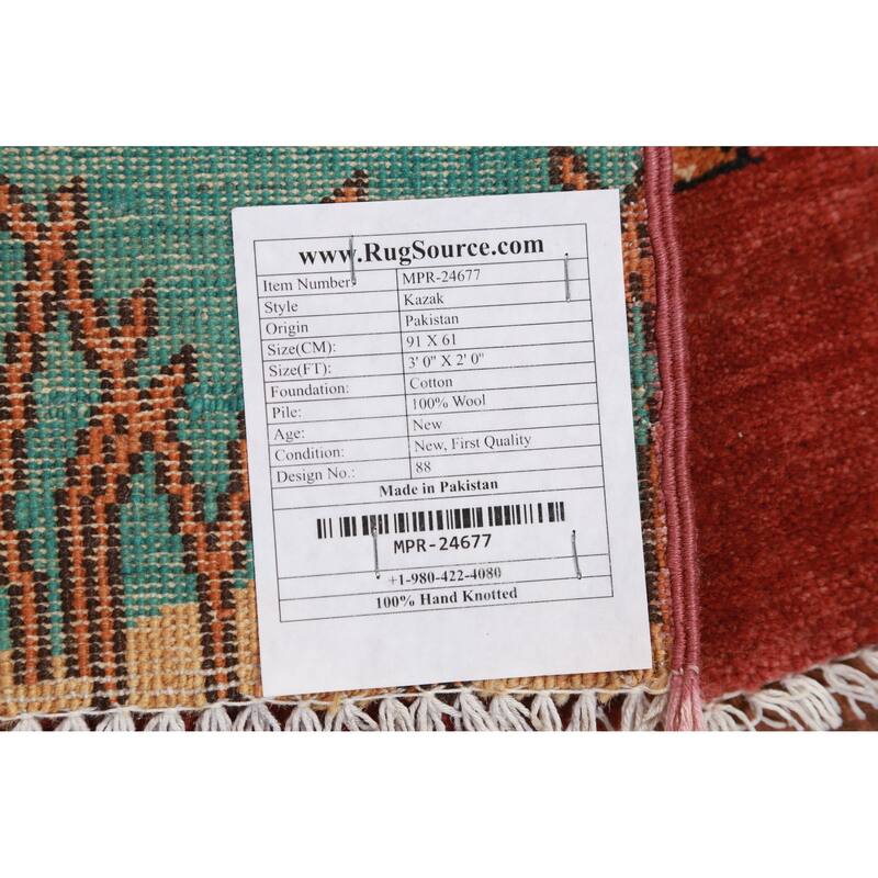 Traditional Red Kazak Rug Hand-Knotted Oriental Foyer Wool Carpet - 2'0"x 3'0"