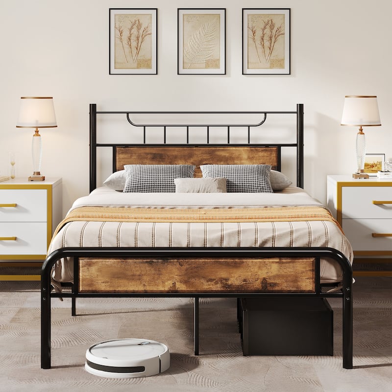 Moasis Wood and Metal Platform Bed Frame with Headboard Twin/Full/Queen Size - Black/Brown - Full