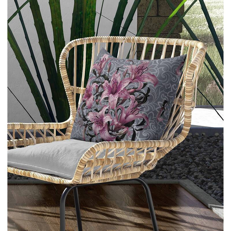 Enchanted Lily Affair Indoor/Outdoor Reversible Throw Pillow Grey and Pink