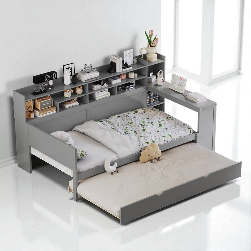 Wooden Twin/Full Daybed with Trundle Bed, Study Desk, and Storage Shelves