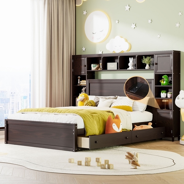 Queen Platform Bed with 4 Storage Drawers Wooden Bookcase Bed Frame with All in One Cabinet Shelf and Sockets Espresso Queen 4 Drawers Espresso