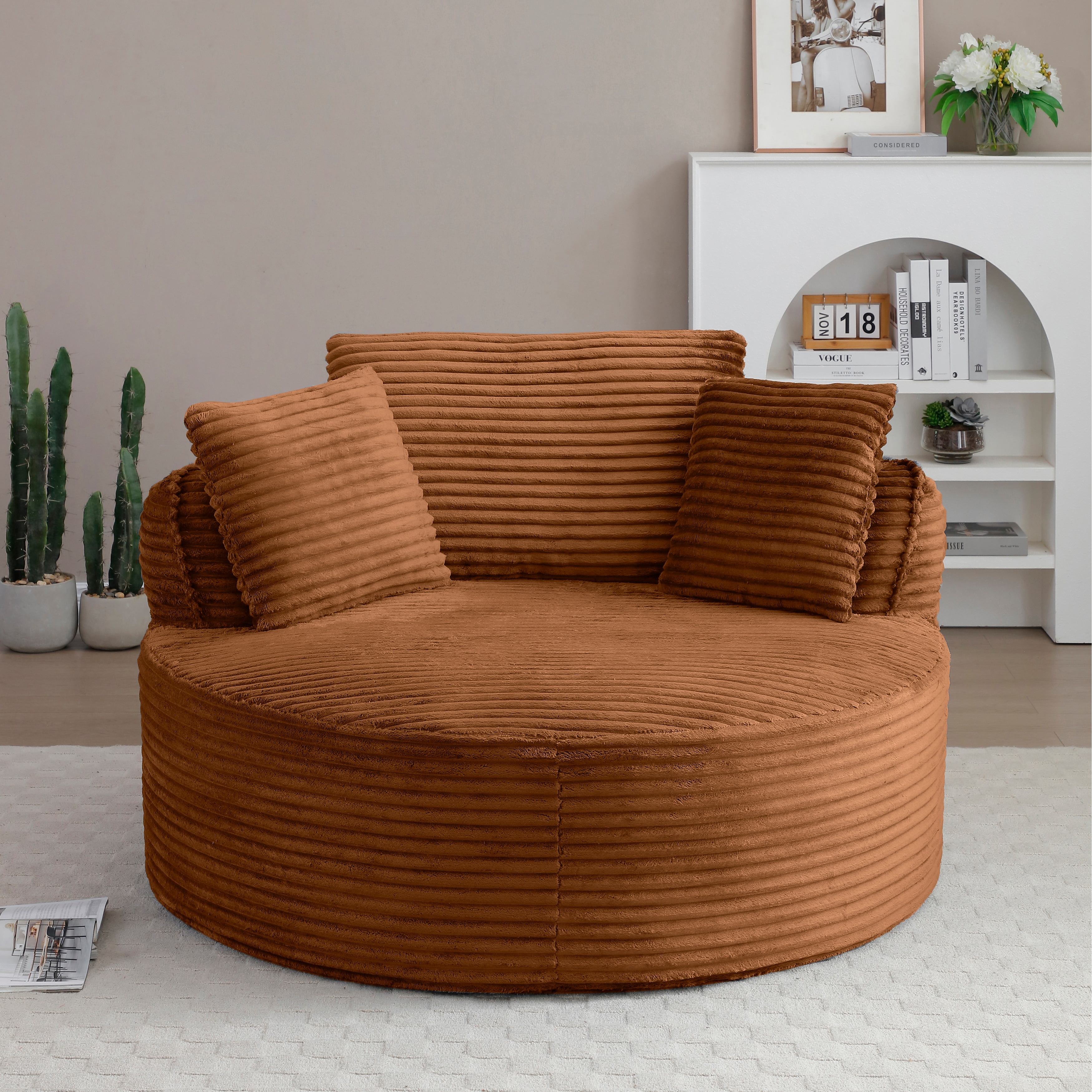 Round Chair, Accent Corduroy Deep Seat Boneless Foam Floor Single Circle Chaise Sofa Chair with 3 Pillows
