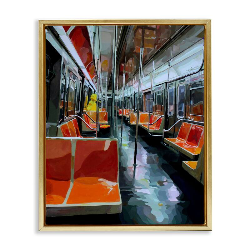 Stupell Bird Character in Subway Train Framed Floater Canvas Wall Art Design By Keith Thomson - 25 x 31 - Gold