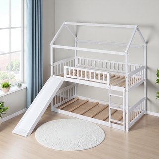 Twin Over Twin Wood House Bunk Bed with Slide - Bed Bath & Beyond ...