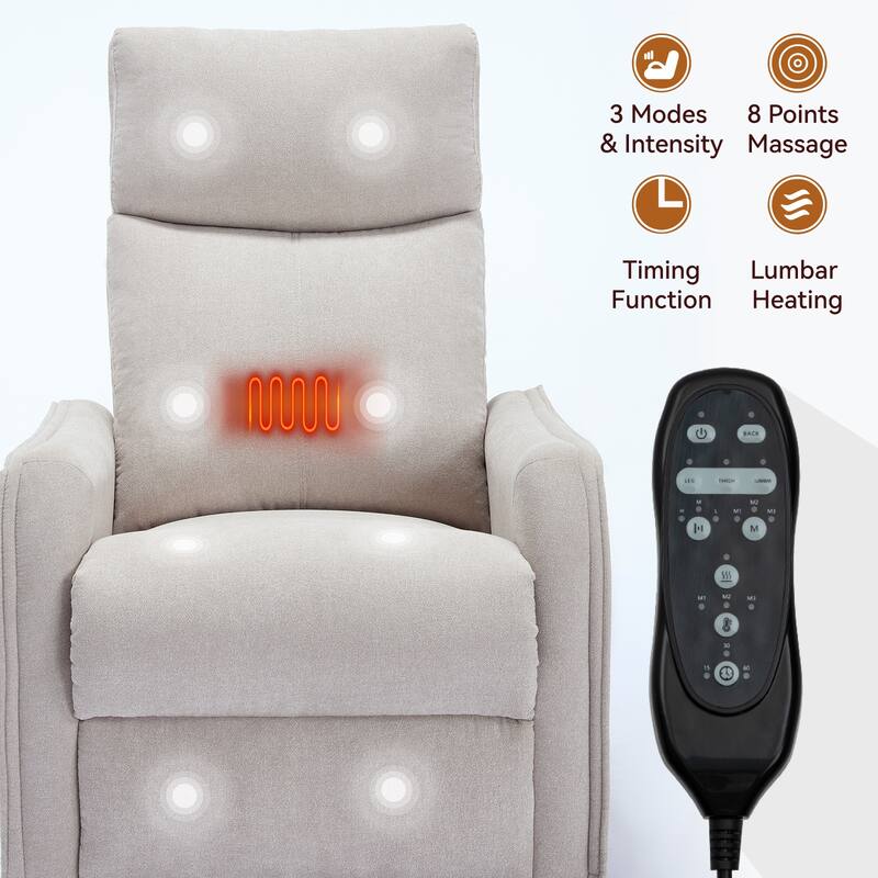 Fabric Recliner Chair with Heat, Massage, 360° Swivel Base, Adjustable Backrest, and Lumbar Support for Living Room Comfort