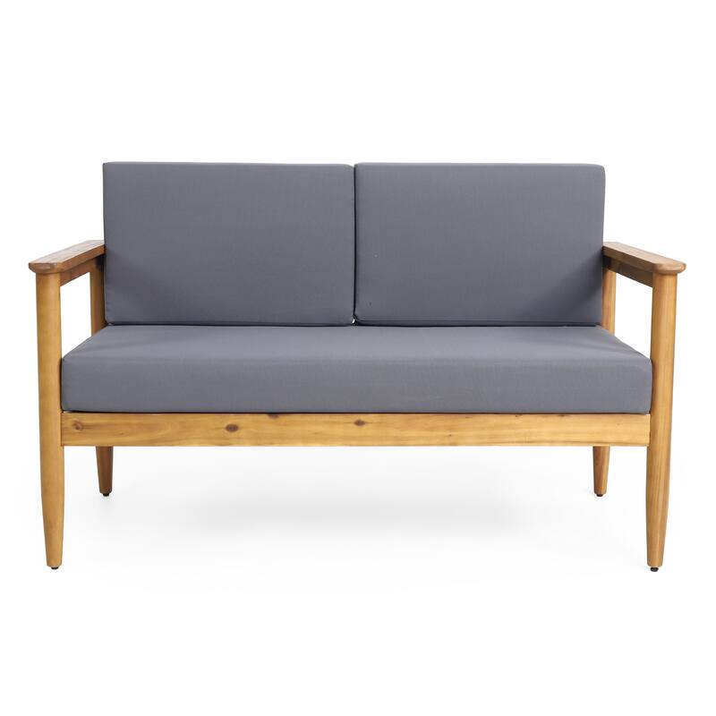 Magnolia Outdoor Acacia Wood Loveseat by Christopher Knight Home - 52.75" W x 27.00" D x 25.50" H - Teak Finish + Dark Gray Cushion