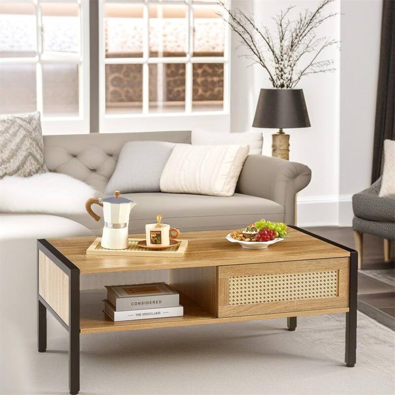 Rattan Storage Coffee Table with Sliding Door and Metal Legs - Natural