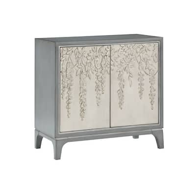 Wooden Floral Relief 2 Door Cabinet with Cream Front Doors and Cascading Leaf Design - Gray - Roche River Decor