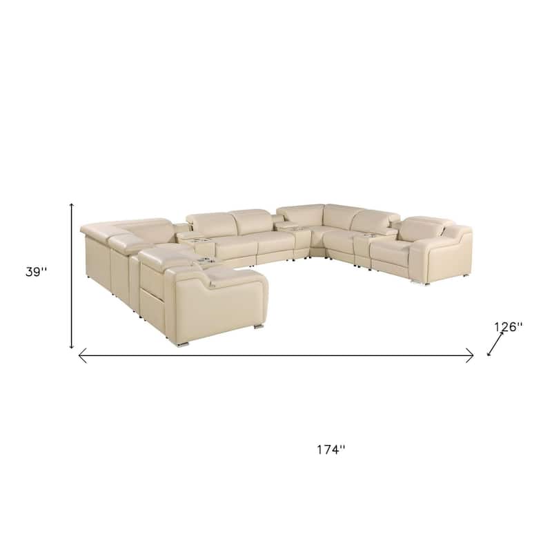 HomeRoots Beige Italian Leather Power Reclining U Shaped Twelve Piece Corner Sectional With Console