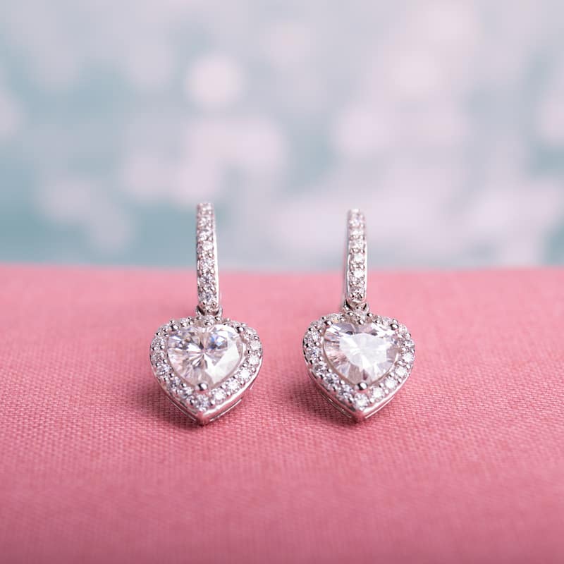 Miadora 2ct DEW Heart-cut Moissanite Halo Leverback Drop Earrings in 10k White Gold - 22.2 mm x 9.3 mm x 12.3 mm