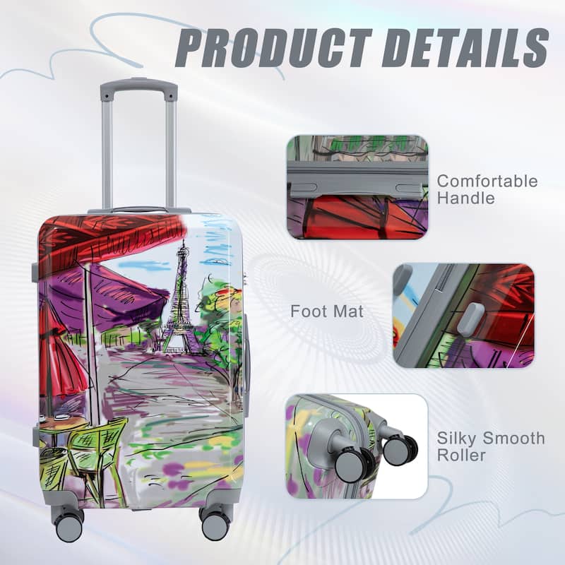 3 Pcs Lightweight ABS Hardside Suitcases, 20"/24"/28" Carry on Suitcase with Printed Pattern and Tsa Lock and Spinner Wheels
