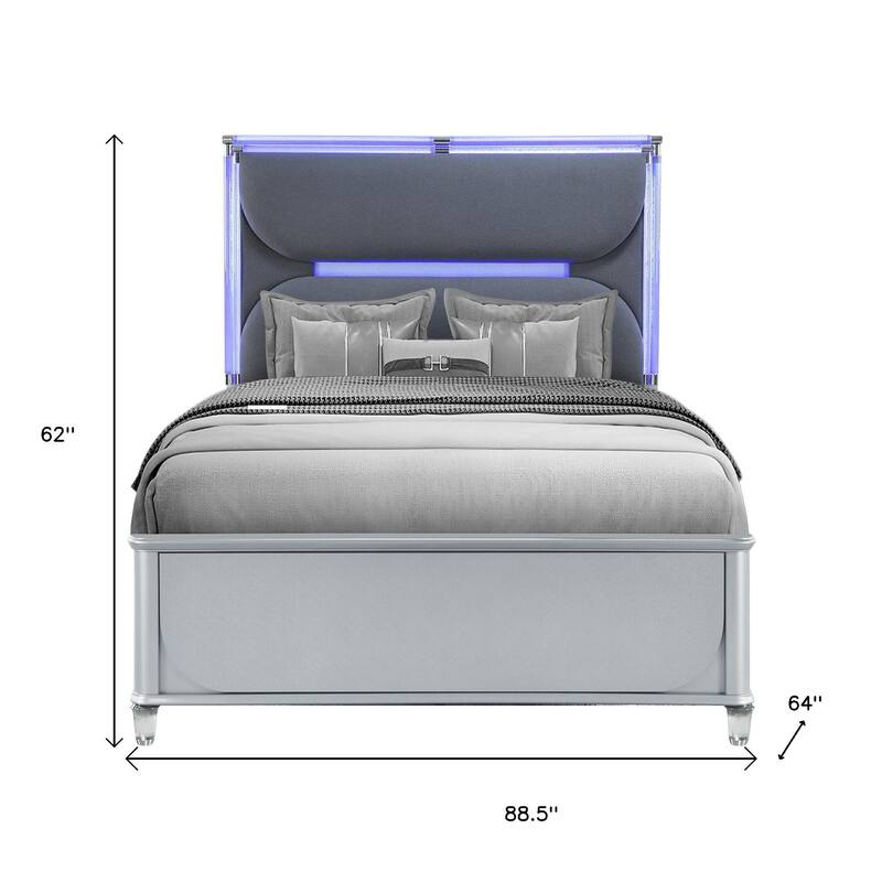 HomeRoots Silver and Gray Wood And Upholstery Lighted Queen Bed Frame
