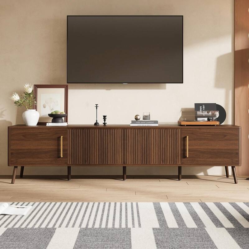 78" Modern TV Stand for TVs up to 85", with Fluted Doors, Cable Management, Soft-Closing Hinges & Solid Wood Legs