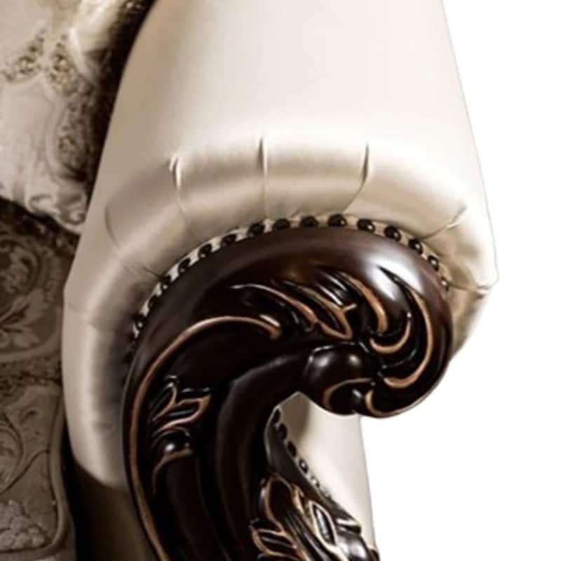 Puhi Sofa w Accent Pillows, Beige Fabric, Ornate Carved Wood, 95 Inch