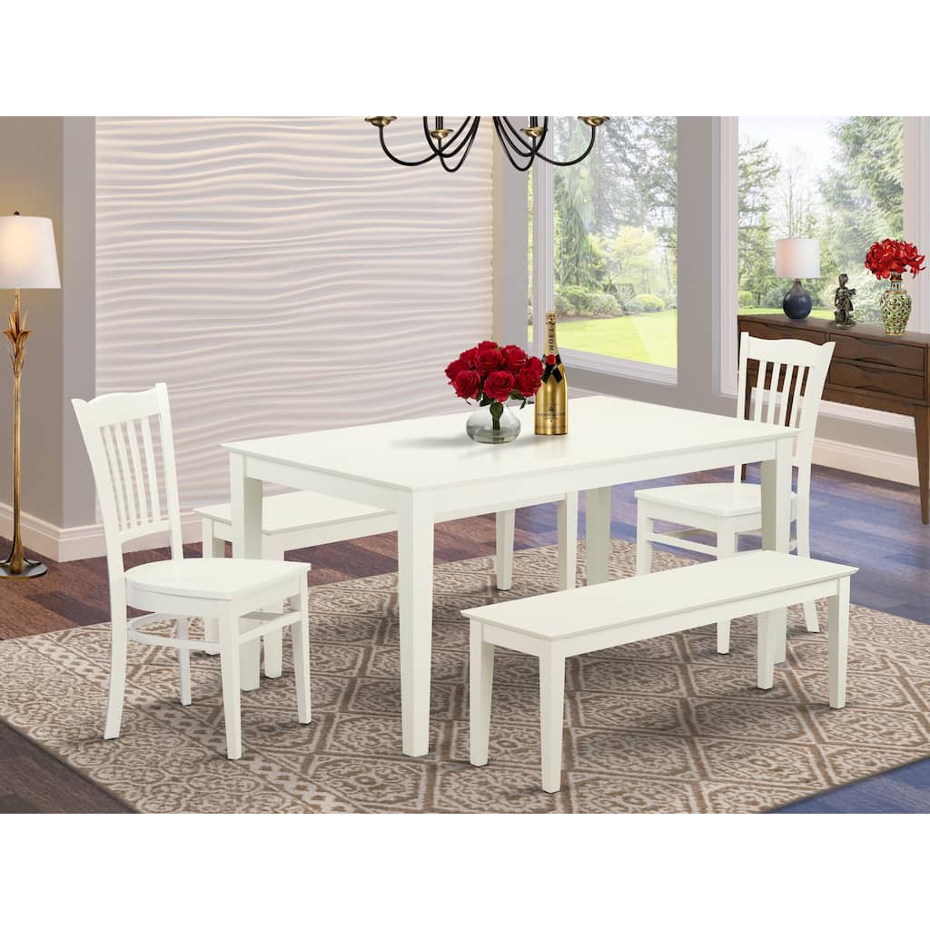 East West Furniture 5 Piece Dining Table Set- a Kitchen Table and 2 Dining Chairs with 2 Benches, 36x60 Inch, Linen White