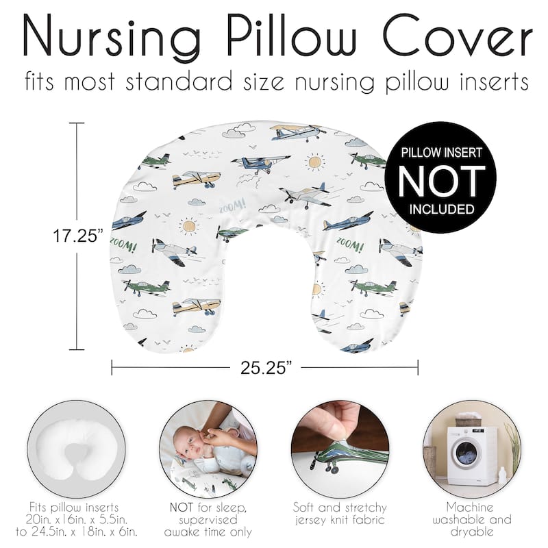 Sweet Jojo Designs Green Vintage Airplane Boy Nursing Breastfeeding Pillow Cover Case (Pillow Not Included) Transportation Cloud