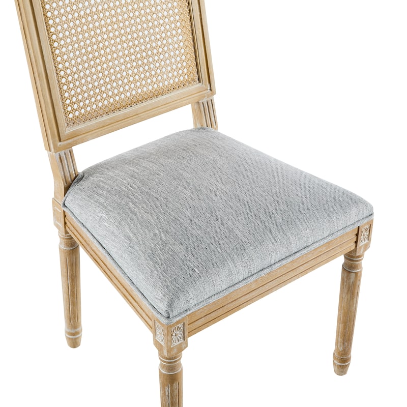 [Set of 2] French Country Dining Chairs - Elegant Cane Backrest & Upholstered Seats with Fluted Legs- Solid Rubberwood Frame