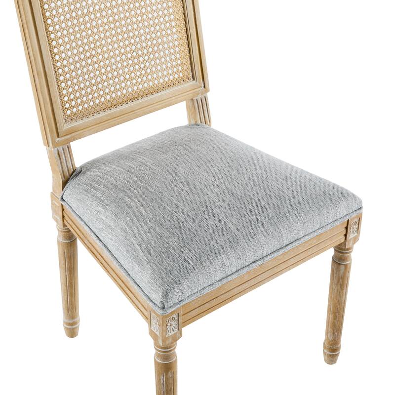 [Set of 2]Dining Chairs -Elegant Cane Backrest & Upholstered Seats with Fluted Legs -Rustic Weathered Finish -Rubberwood Frame