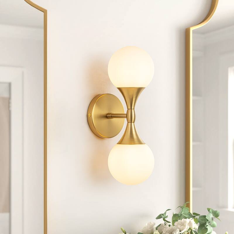 14 in. 2-Light Modern Gold Linear Up&Down Wall Sconces Light Frosted Opal Glass Globe Vanity Lighting