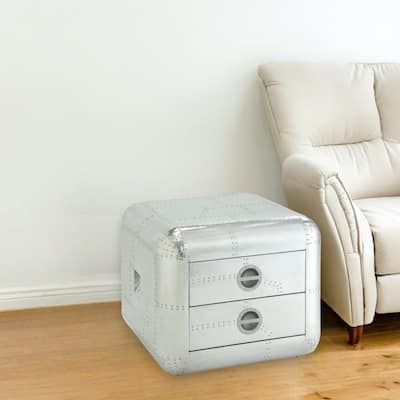 HomeRoots 22" Silver Aluminum Aviator Trunk Style Square End Table With Two Drawers - 26' X '22' X '26