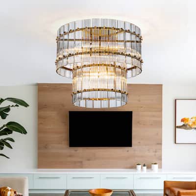 10-Light Modern and Contemporary Gold 2-Tiered Handmade Glass Shade Flush Mount Light