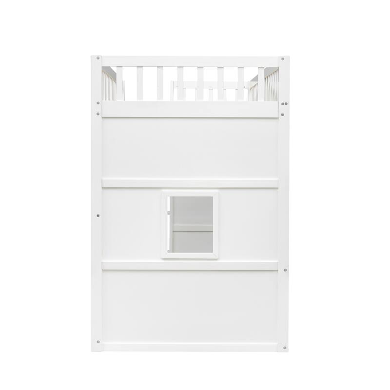 Modern House Bed Twin Size Loft Bed Solid Pine Wood Bed Frame with Door, Windows, Ladder and Safety Guardrails