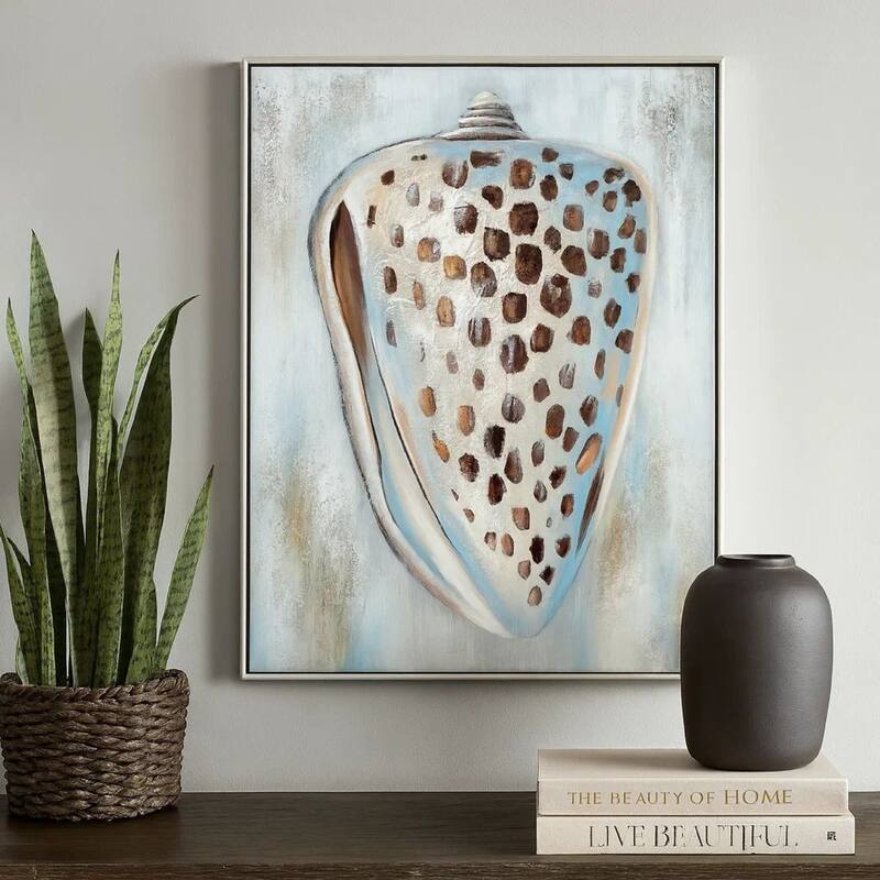 30 x 39 Hand Painted Dotted Sea Conch, Resin Coated, Warm Orange and Blue - Orange, Blue, White