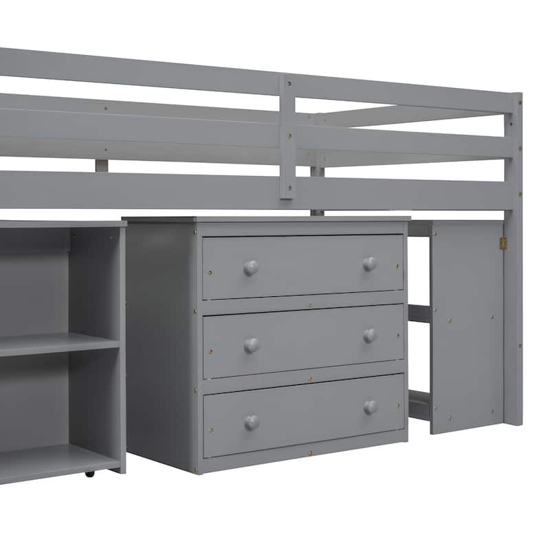 Pine Wood Bed Low Loft Bed with Retractable Writing Desk, 3 Drawers