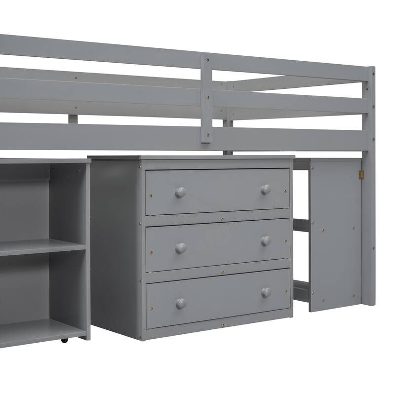 Pine Wood Low Loft Bed with Storage Stairs, Shelves, Retractable Writing Desk, 3 Drawers, Wooden Lofbed Frame for Kids Bedroom