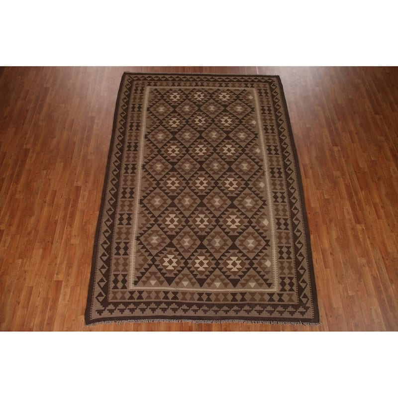 Brown Geometric Kilim Rug Hand-woven Oriental Wool Carpet - 7'0" x 10'3"