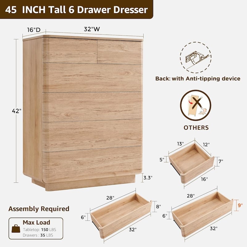 Modern 6 Drawer Dresser for Bedroom, Handle-less Wooden Dressers
