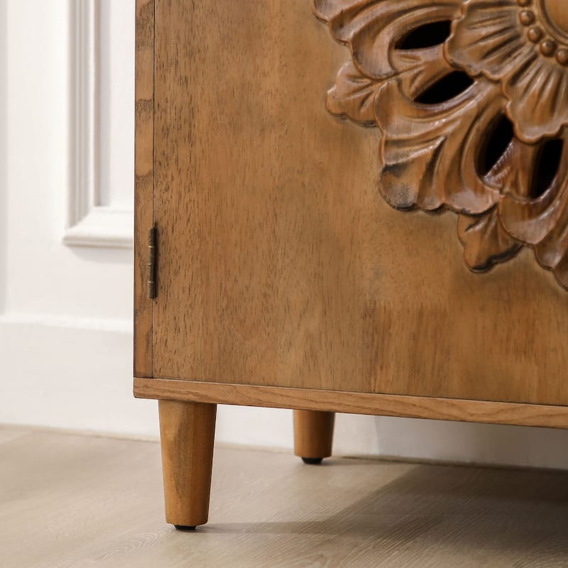 Wood Sideboard Buffet Cabinet, Hand-Carved 2-Door Accent Cabinet, Storage Cabinet with Floral Motif