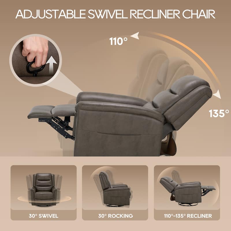 Premium Leather Swivel Recliner Chair with Rocking Motion Wide Seat Thick Cushioned Back